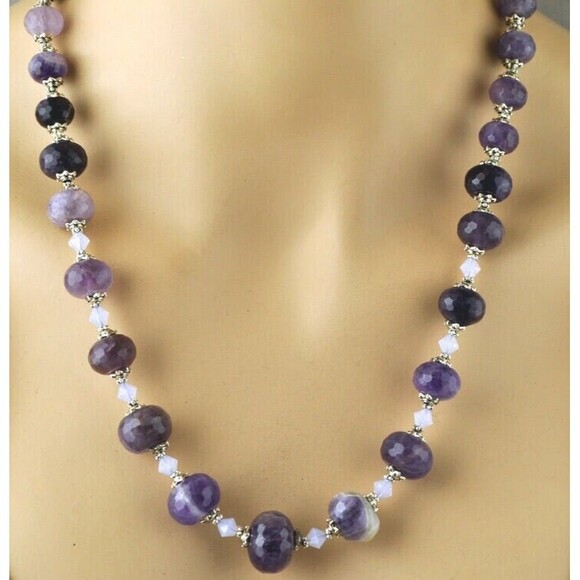 Natural Amethyst and Swarovski Crystal Necklace & Earrings Faceted Graduating